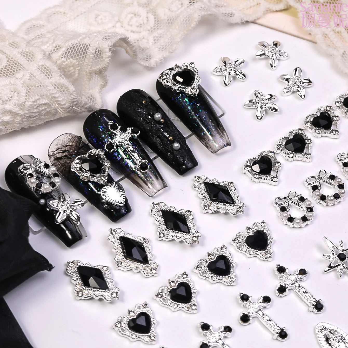 Gothic 3D Nail Charms 48Pcs, Vintage Silver Metal Nail Gems with Black Crystals, Cross Heart Star Rose  Nail Art Supplies