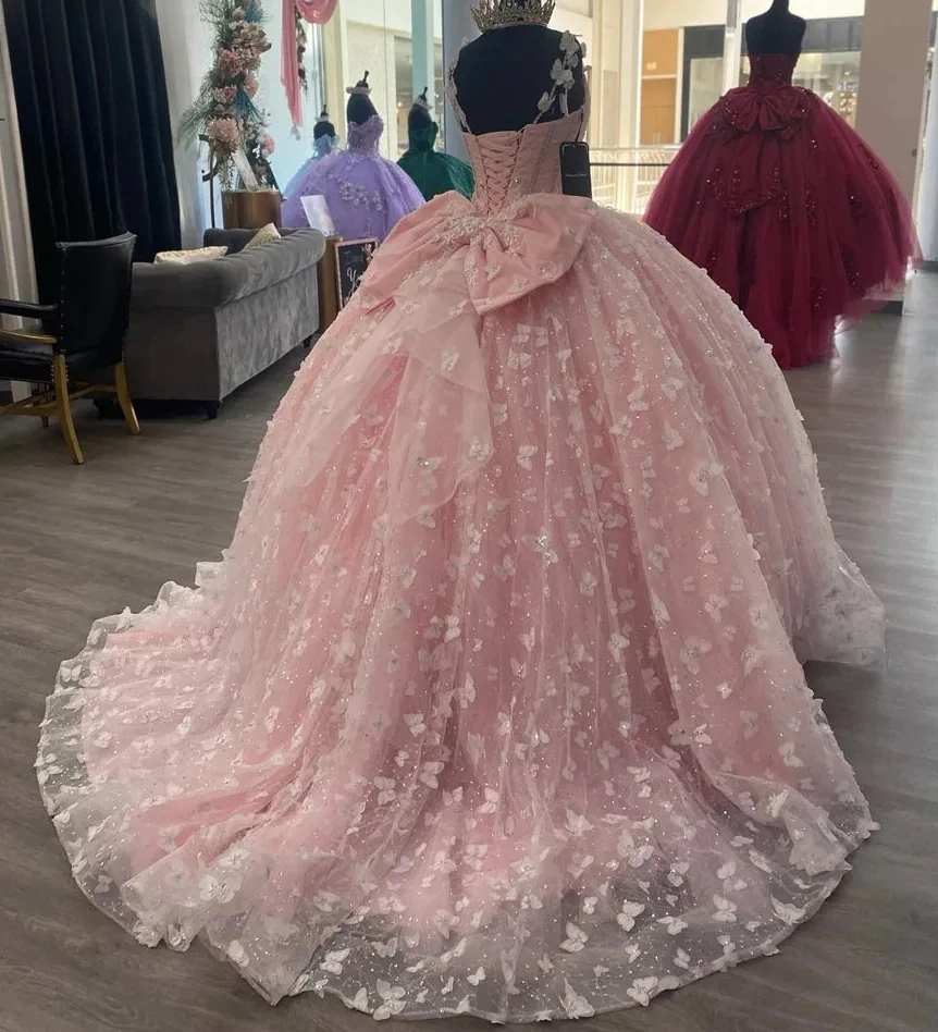 Vestidos de quinceañera Rosa Charro, vestido de baile con tirantes finos, tul con cuentas, dulce mexicano 16, 15 años