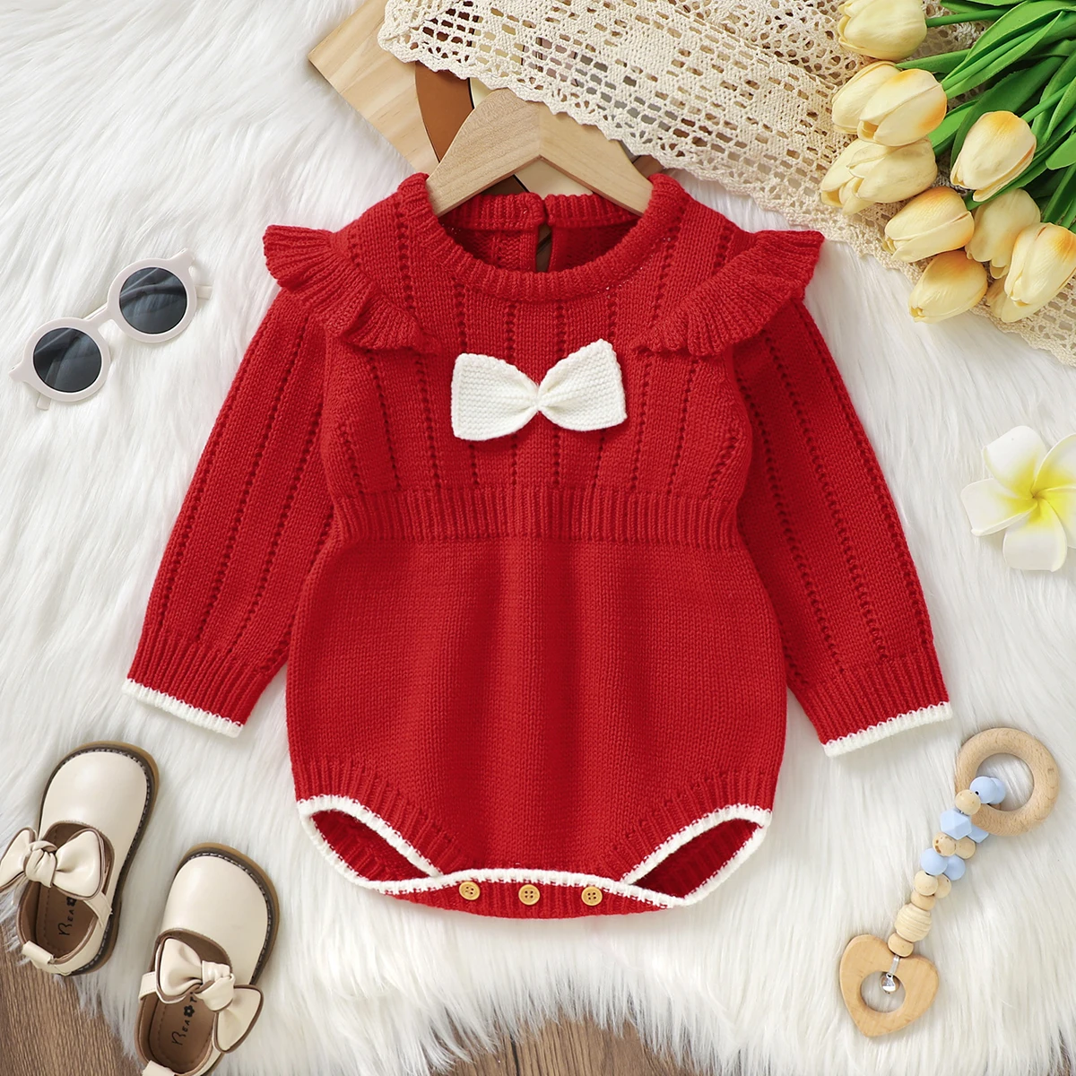 Baby Bodysuits Knitted Infant Kid Clothing Fashion Solid Tie Overalls 0-18M Newborn Girl Red Jumpsuit Long Sleeve Autumn Rompers