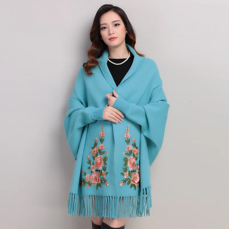 

Wool embroidery sleeved poncho shawl scarf dual-use women autumn and winter thick embroidered cashmere cape coat female tops