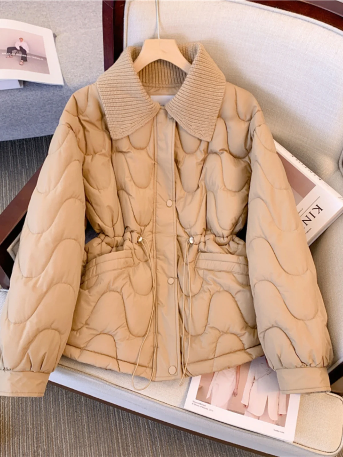 Women\'s Large Size Cotton Jacket Winter Elegant Drawstring Single Breasted Mid Length Coat Lapel Long Sleeved Warm Outwear