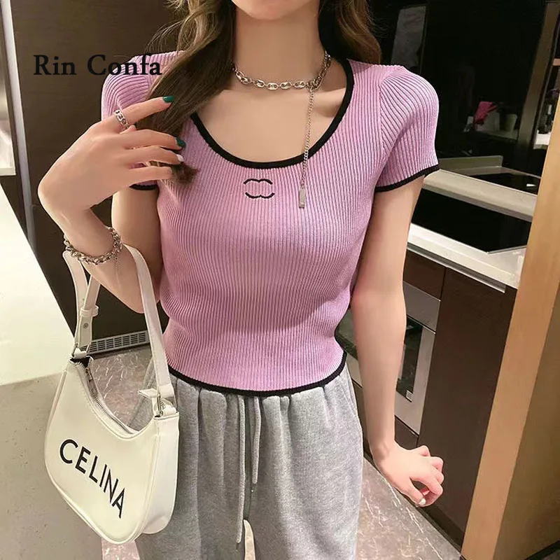 Rin Confa Fashion Cute Thin Crop Top Summer Assorted Colors Low Neck Exposed Clavicle T-Shirt Short All-Match Knitting Top Wome