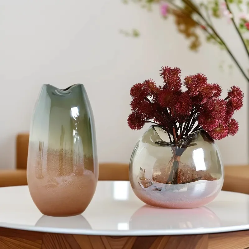 Pink Glass Vase Modern Light Luxury Home Decor Flower Arrangement Container Soft Decoration for Living Room TV Cabinet