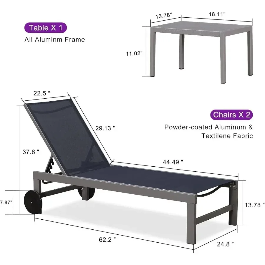 Patio Lounge Chair Set for 2, All Weather Aluminum