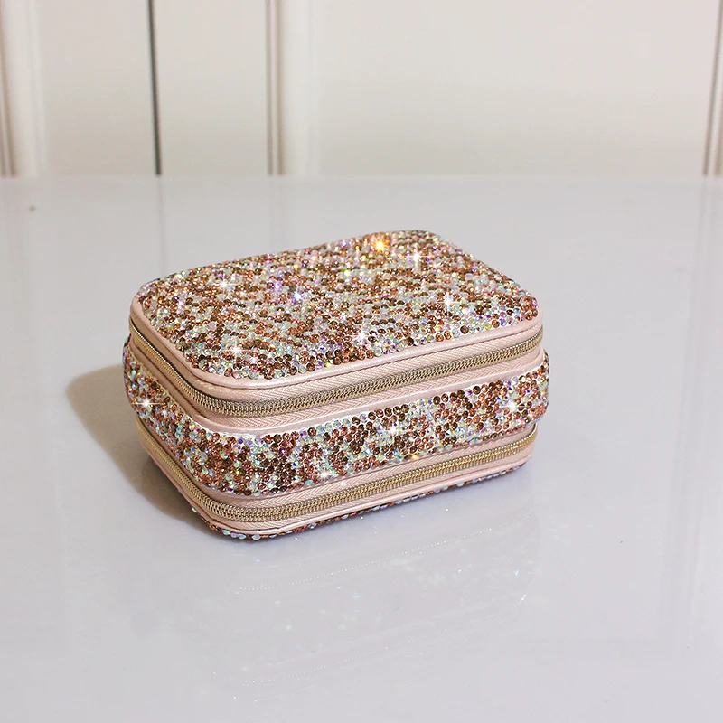 Diamond-set Double Zipper Jewelry Portable Storage Box With Mirror Ring Earrings Necklace Rhinestones Case Lipstick Makeup