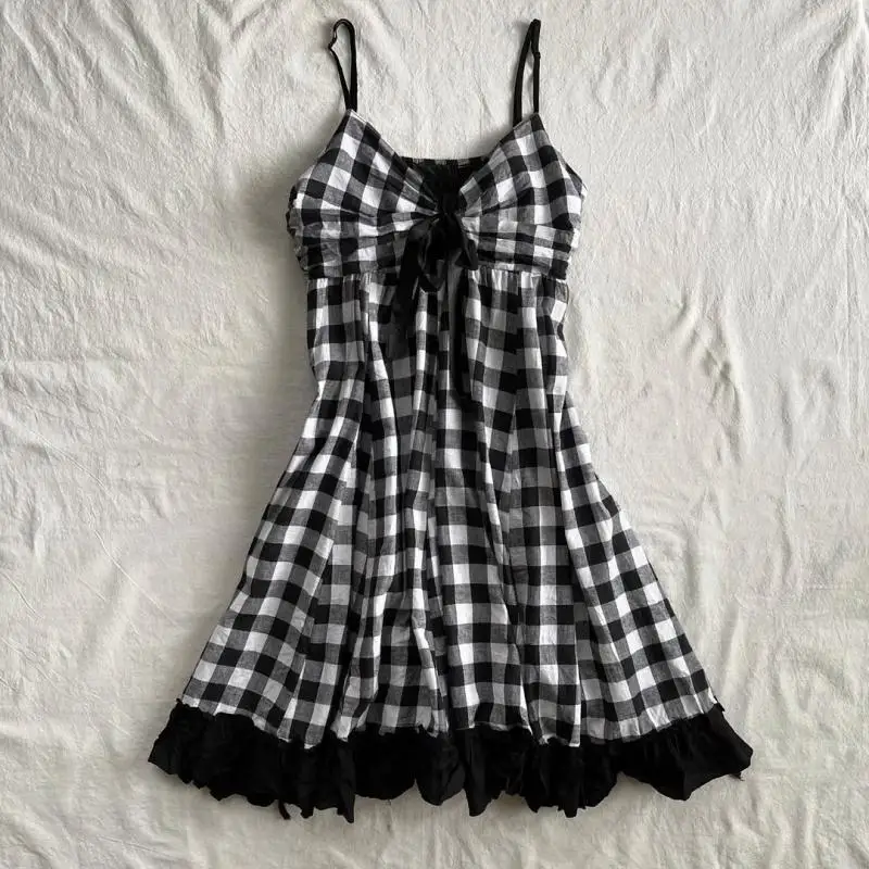 Vintage Y2k Loose Plaid Black Dress Women Spicy Girl Chic Sexy Sling Summer Off Shoulder Dresses A-line Casual Mini Dresses