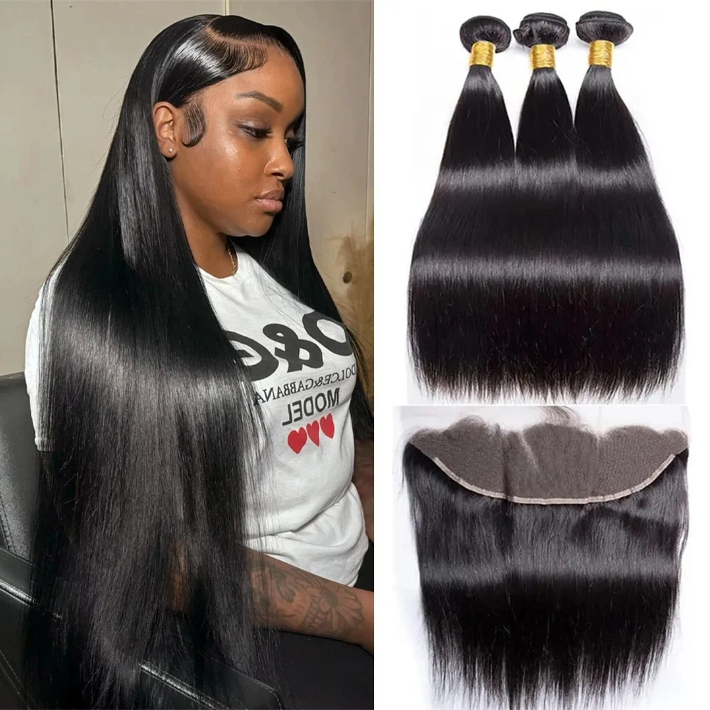 13x4 Lace Frontal With Bundle Straight Human hair 100% Unprocessed 3 4 Bundles With Frontal Human Hair Weavings Bundles Deals