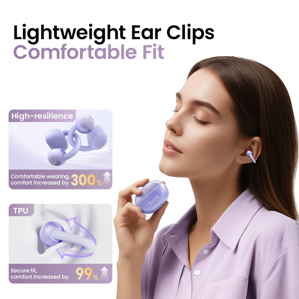 HAYLOU AirFree Auricolari con clip per orecchio Bluetooth 5.4 Auricolari wireless a orecchio aperto Riduzione del rumore a doppio microfono Cuffie a doppia connessione