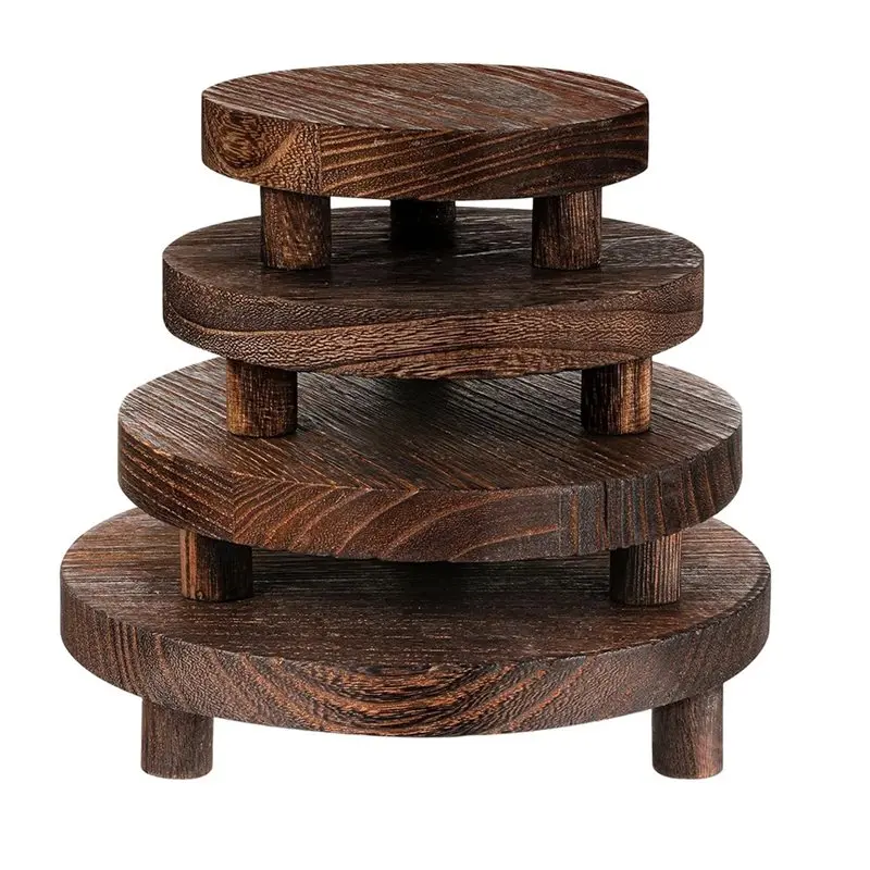 PORK-Display Stand For Round Wood Risers 4 Pcs, Rustic Wooden Riser Holder Tiered Tray Decor In 4 Sizes For Kitchen Counter, Bro