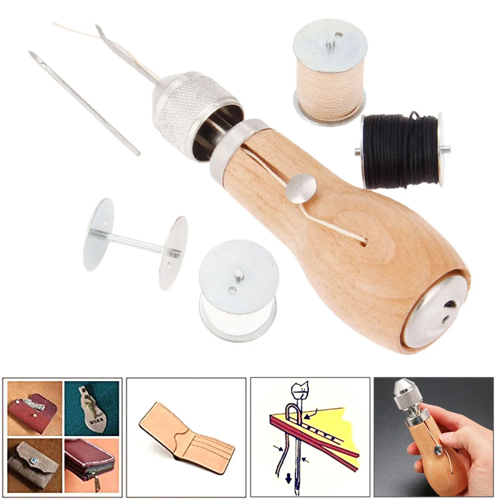 Leather Craft Automatic Lock Stitching Sewing Awl Set with Needles Wrench Waxed Thread Shaft Line Home DIY Hand Tool Sewing Set