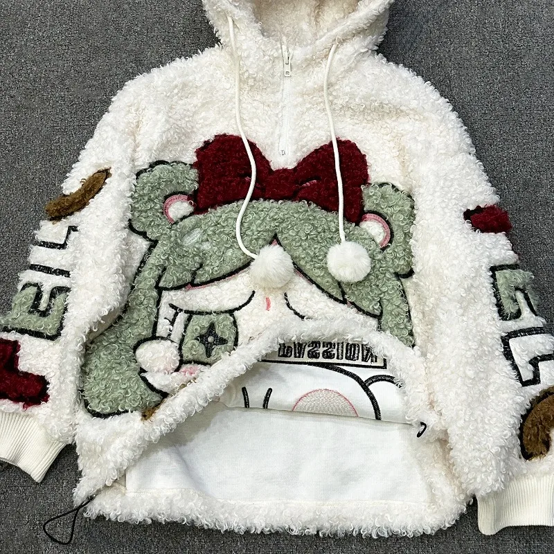 2025 Autumn Winter New Cartoon Little Girl Furry Hooded Sweatshirt Women's Loose Casual Sweet Age-Reducing Versatile Zipper Top