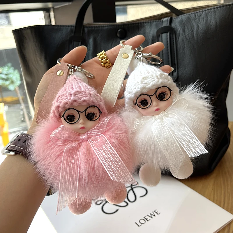 Cute Big Eyed Doll Pompom Keychain Real Fox Fur Bag Charm for Women Bag Key Ring Fine Jewelry Accessories Kids Girl Gift