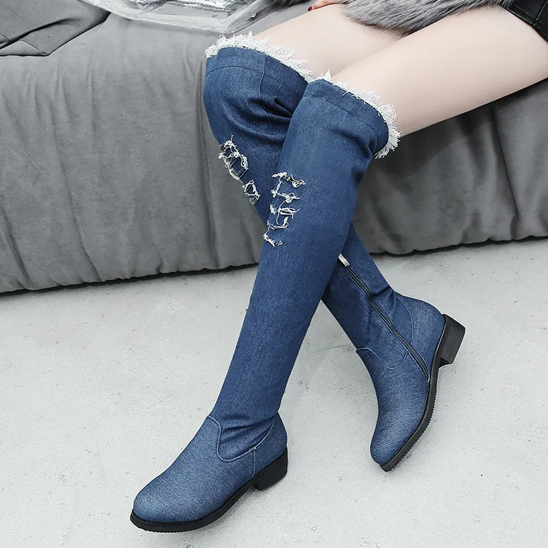 2023 Winter Denim Hole Hollow Knight Over Knee Boots Womens Med Block Heel Blue Black Ladies Riding Overknee Boots Plus Size