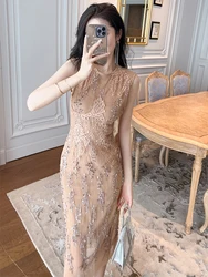 Abito longuette da sera di lusso per donna 2023 stile francese Sexy paillettes lucide abito a fessura in rete trasparente Femme Party Runway Prom Vestidos