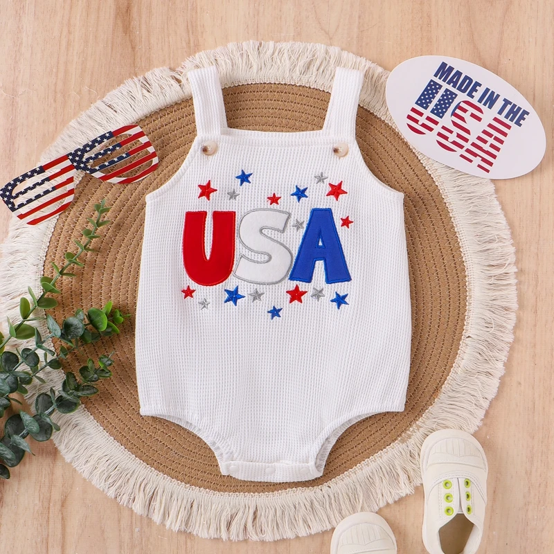 Baby Boy Girl Waffle Overalls Letter Star Embroidery Square Neck Sleeveless 4th of July Romper Toddler Summer Jumpsuit