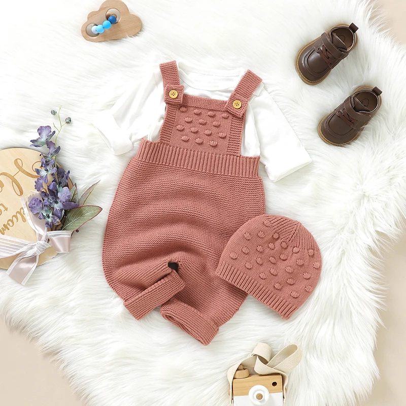 Baby Rompers Clothes Solid Sleeveless Knitted Newborn Boys Girls Jumpsuits Hats Outfits Sets Toddler Infant Playsuits 0-18m Wear