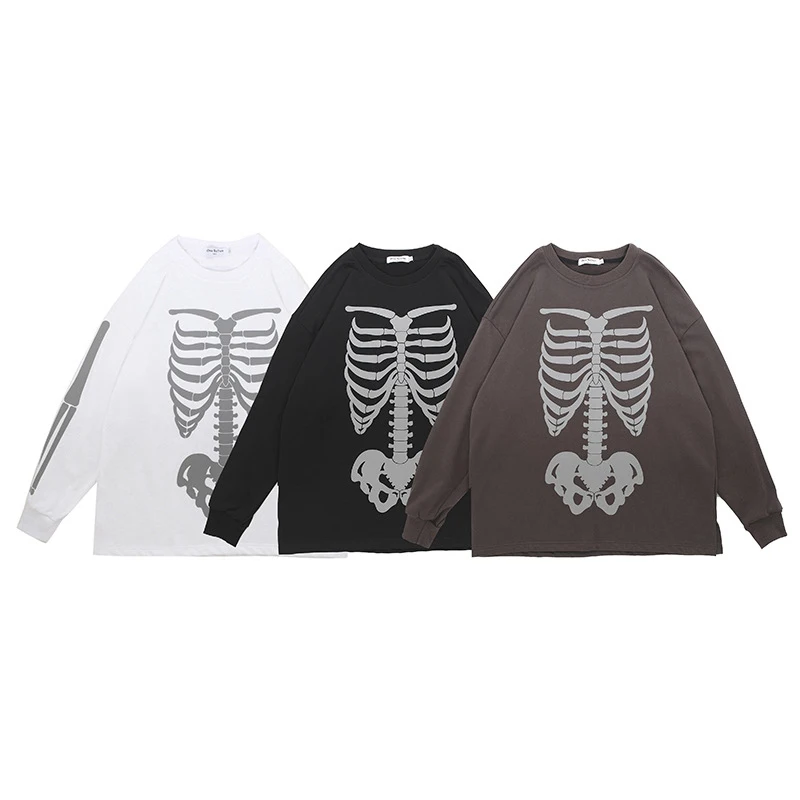 Skeleton Bone Print Sweatshirt Men Reflective Glow Hip Hop Pullover Women Streetwear Harajuku Casual Oversized Punk Hoodies 2021