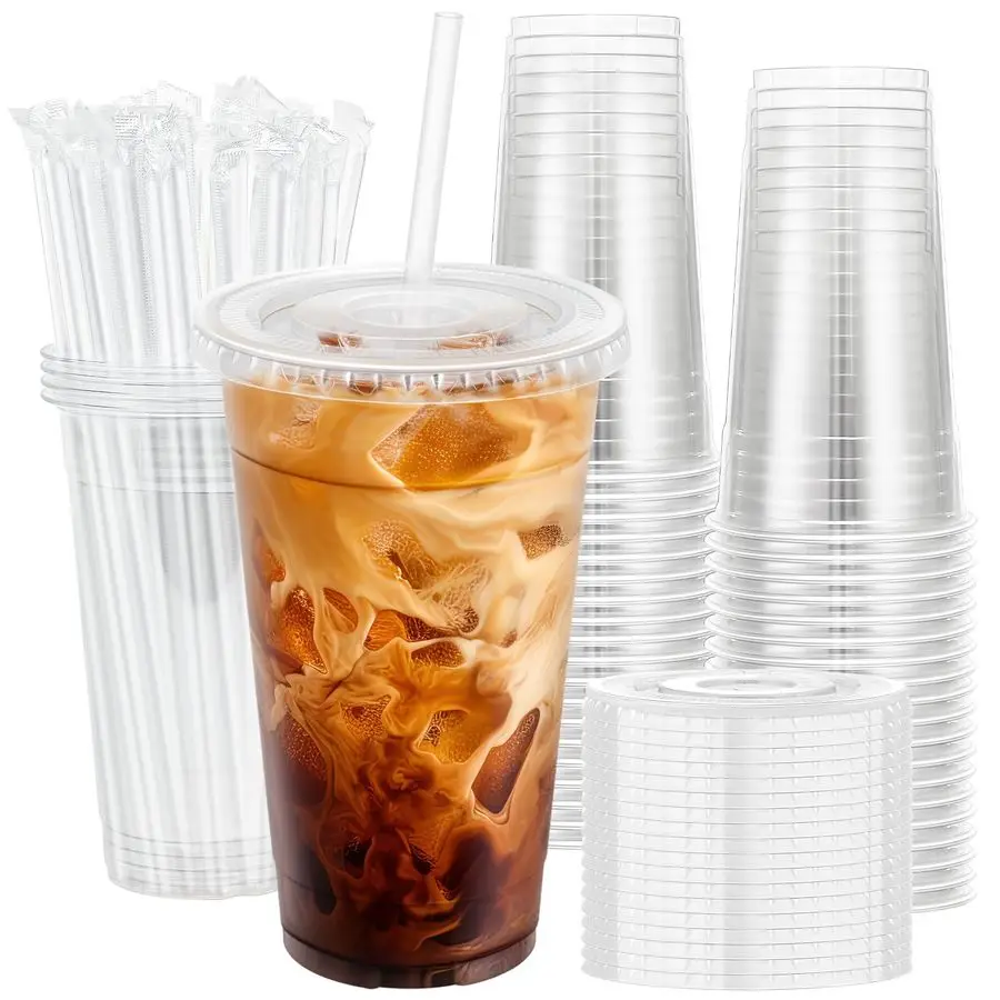 

100 Pack 24 oz Clear Plastic Cups with Lids and Straws, Disposable Iced Coffee Cups with Lids for ToGo Cold Drinks, Smoothies an