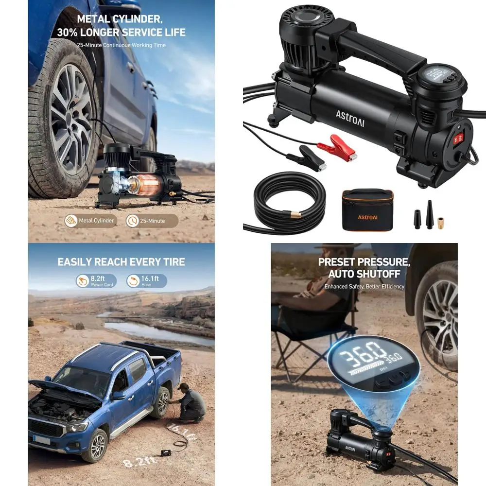 

Сверхмощный воздушный компрессор 12 В для грузовых автомобилей, внедорожников и автофургонов с автоматическим отключением, светодиодной подсветкой и зажимами типа «крокодил», подходит для шин до 33