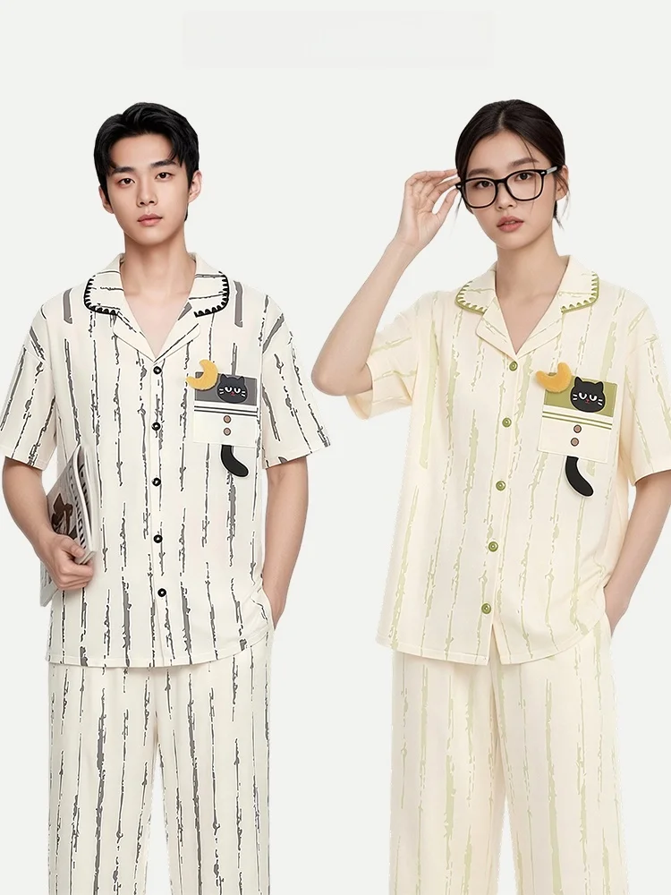 PinkBread Moon  Couples Pajamas Pure Cotton Short Sleeve Women's Summer Home Clothes Men's Comfortable Breathable Sleepwear
