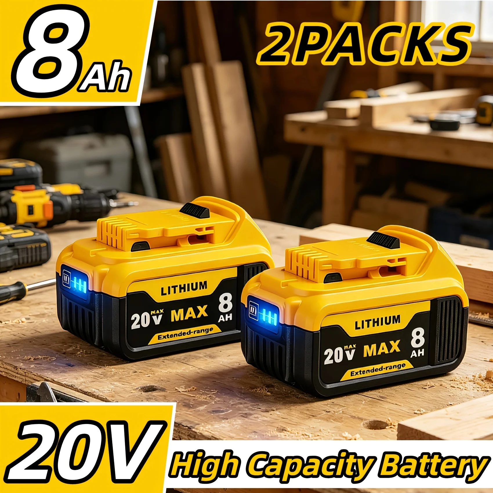 

2PACKS,8.0Ah 20V Lithium-Ion Replacement Batteries for Cordless Tools - Compatible with DCB200, DCB205, DCB206 & More, Workshop Equipment, Power Tool Accessories, Durable Construction, Tool Accessory, Longlasting Charge