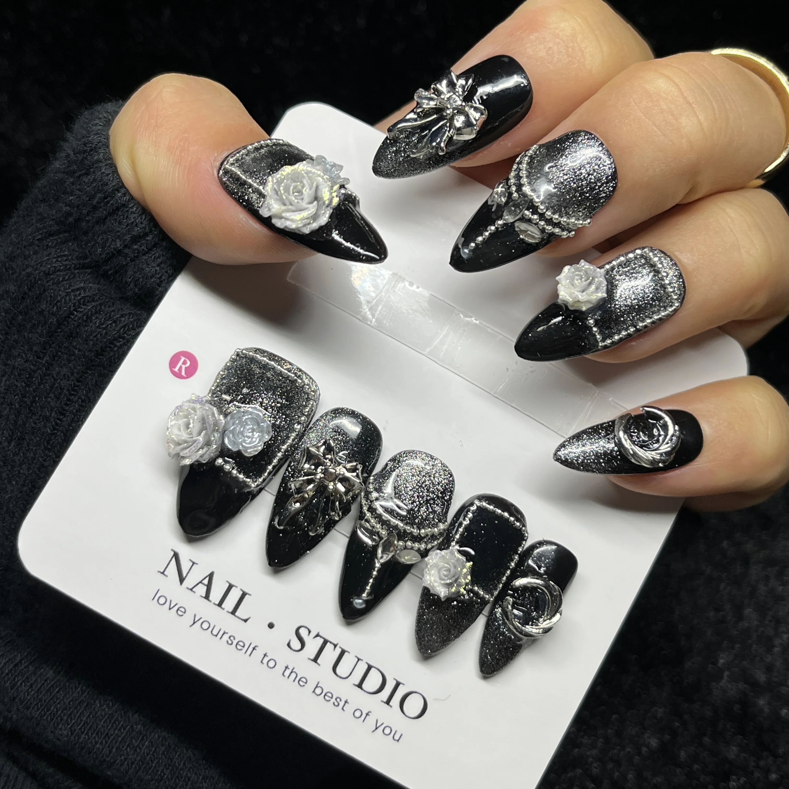 

10PCS Gothic Black Silver Glitter Press on Nails Long Stiletto with 3D Rose Metal Charms Luxury Edge False Nails Handmade Nails