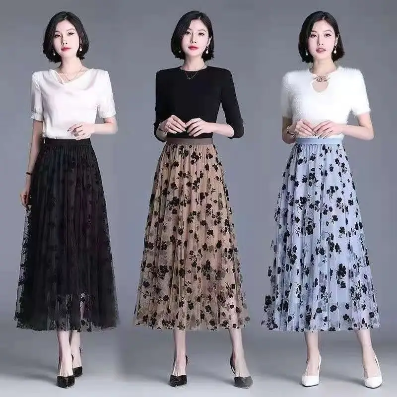 Women's Mesh Half Skirt Spring Summer Velvet Flower Print A-Line Gauzy Double-Sided Wear Slimming Midi Skirt