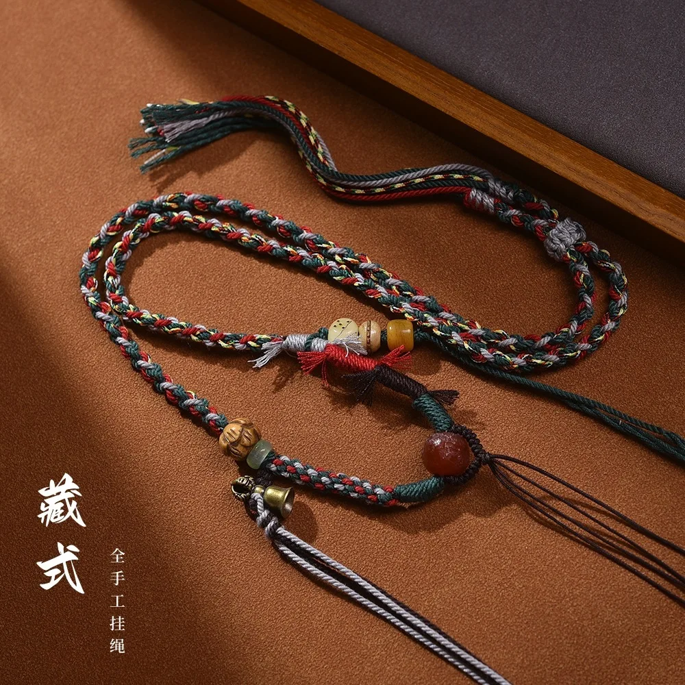 

Tibetan Hand Woven Tangka Buddha Card Hanging Neck Necklace Beeswax Pendant Sweater Chain Colorful Rope Lucky Jewelry
