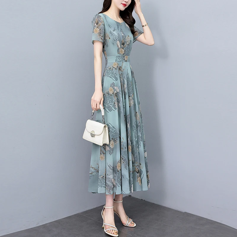 2025 Summer Floral Chiffon Casual Korean Boho Dress for Women Elegant Bodycon Vintage Night Dress Chic Prom Party Long Vestidoss