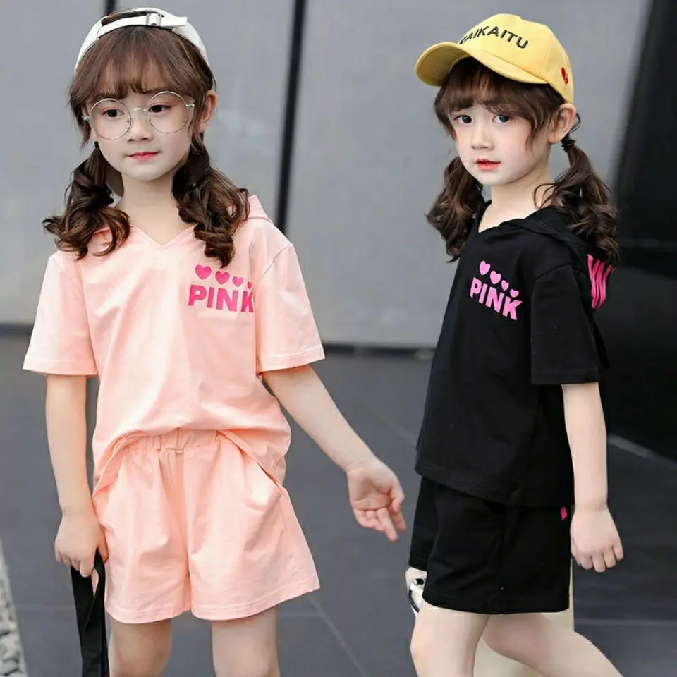 2024 fashion Girls Summer Suit New Child set Clothes Shorts pink heart hooded T-shirt + hot pant Teenager Kids 4 7 8 9 12 year