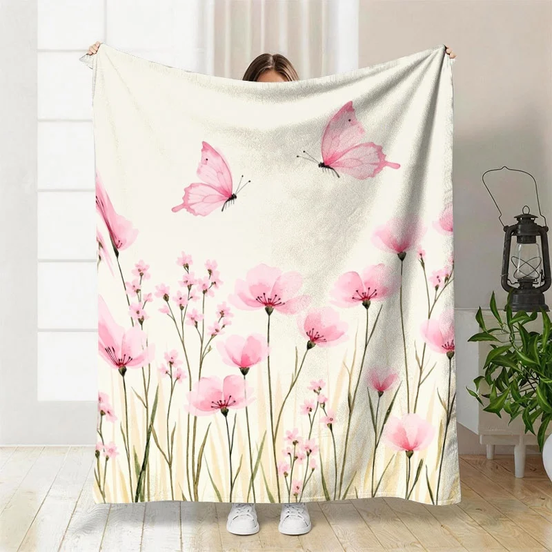 Blush Pink Floral Butterfly Print Throw Blanket Decorative Cozy Sofa Couch Lapghan Knit Throw Fleece Gift for Bed Home Decor