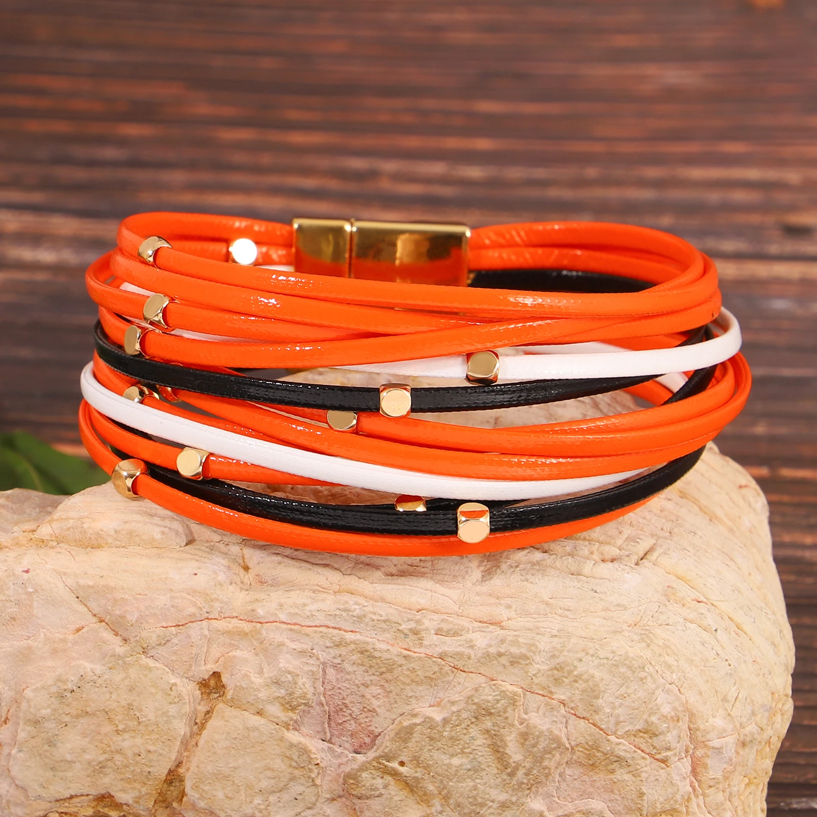 

Amorcome Exquisite Multilayer Stackable Leather Bracelet for Women Wrapped Orange Woven Rope Chain Halloween Jewelry Gift