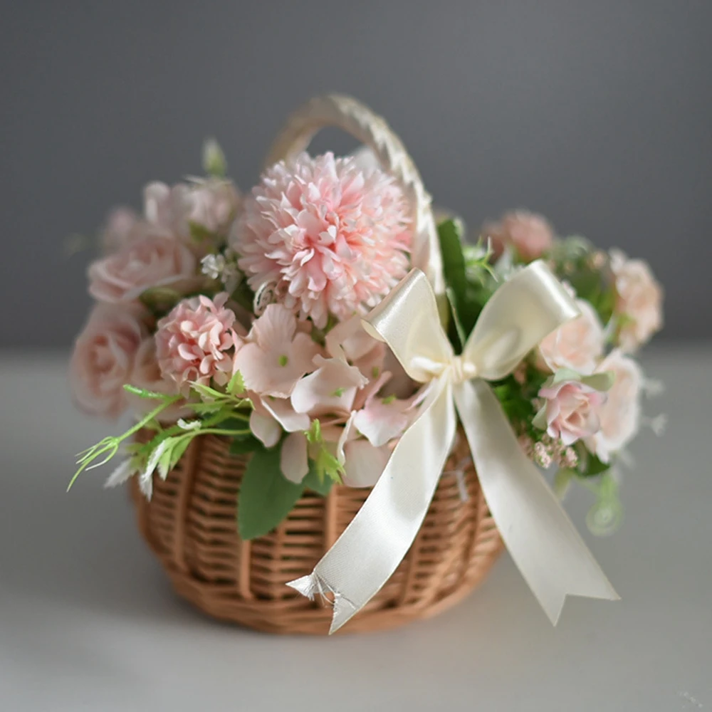 Wedding Flower Girl Basket with Ribbon Handle and Bowknot Natural Rattan Flower Basket for Wedding Ceremony Rustic Home Decor