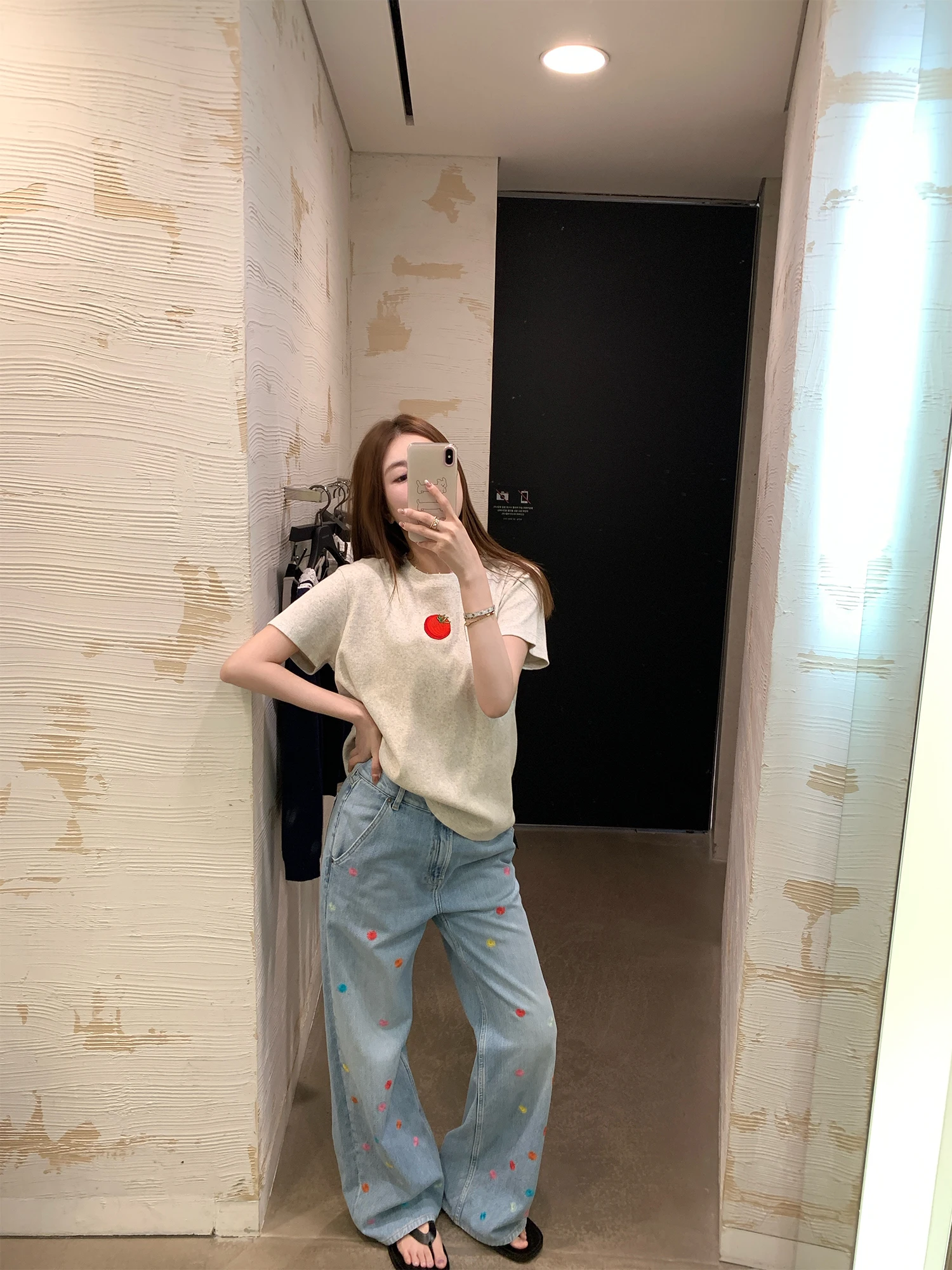 

Realzz Summer Denim Series Polka Dot Handmade Beaded Skirt High Waist Wide Leg Cotton Casual Sle Ladies Loose Fit Jeans