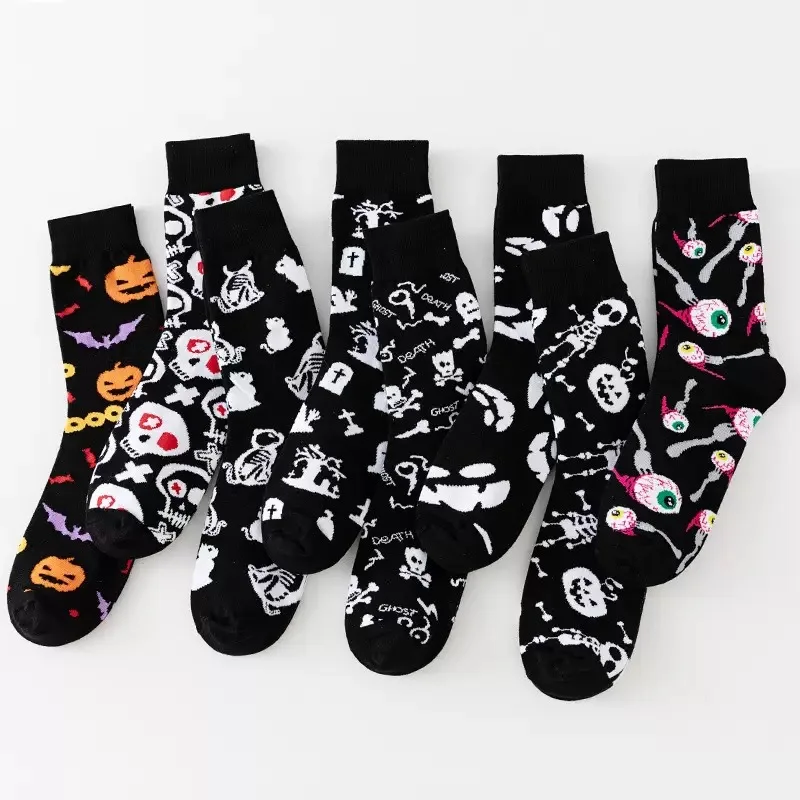 1/8 Paar Unisex-Halloween-bedruckte Mid-Tube-Socken, modischer Totenkopf-Kürbis, schweißabsorbierend, atmungsaktiv, für alle Jahreszeiten, Freizeitsocken – Detail 5