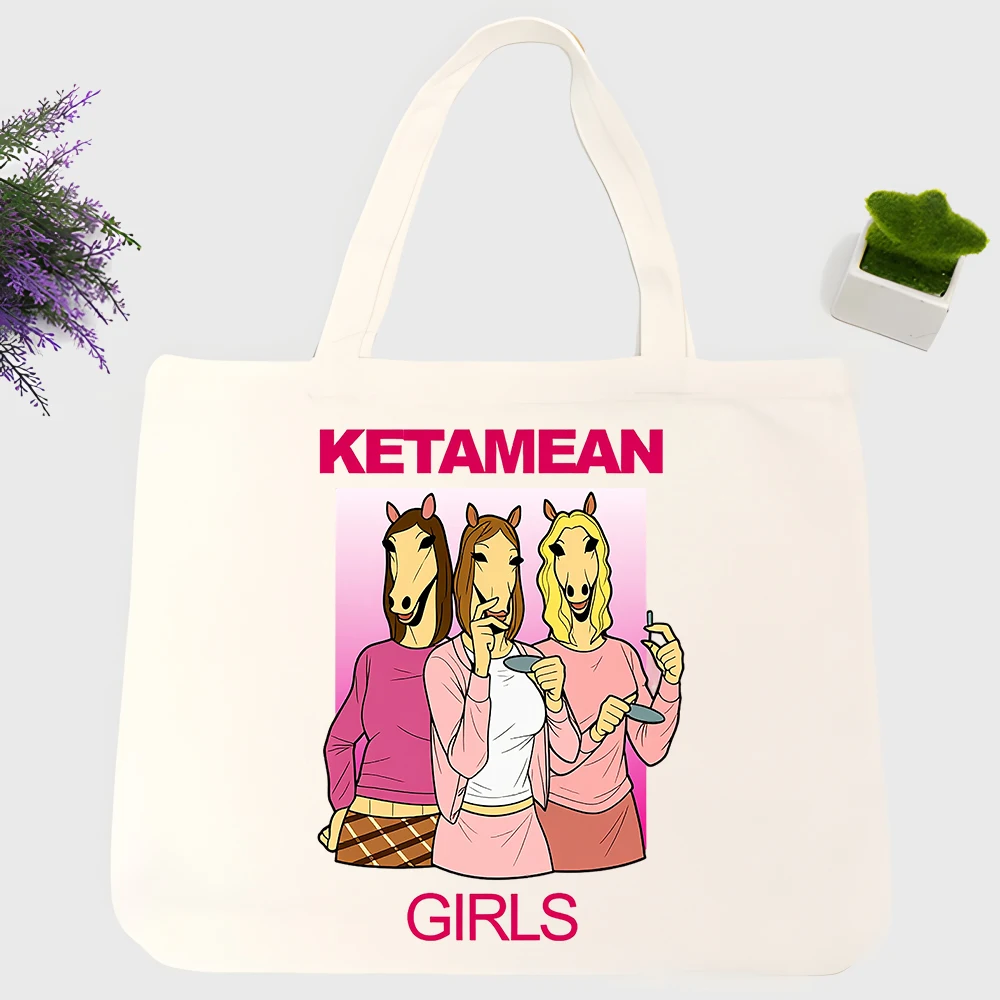 Women's horse graphic canvas tote bag with slogan-style print, ideal for casual daily use and shopping outings