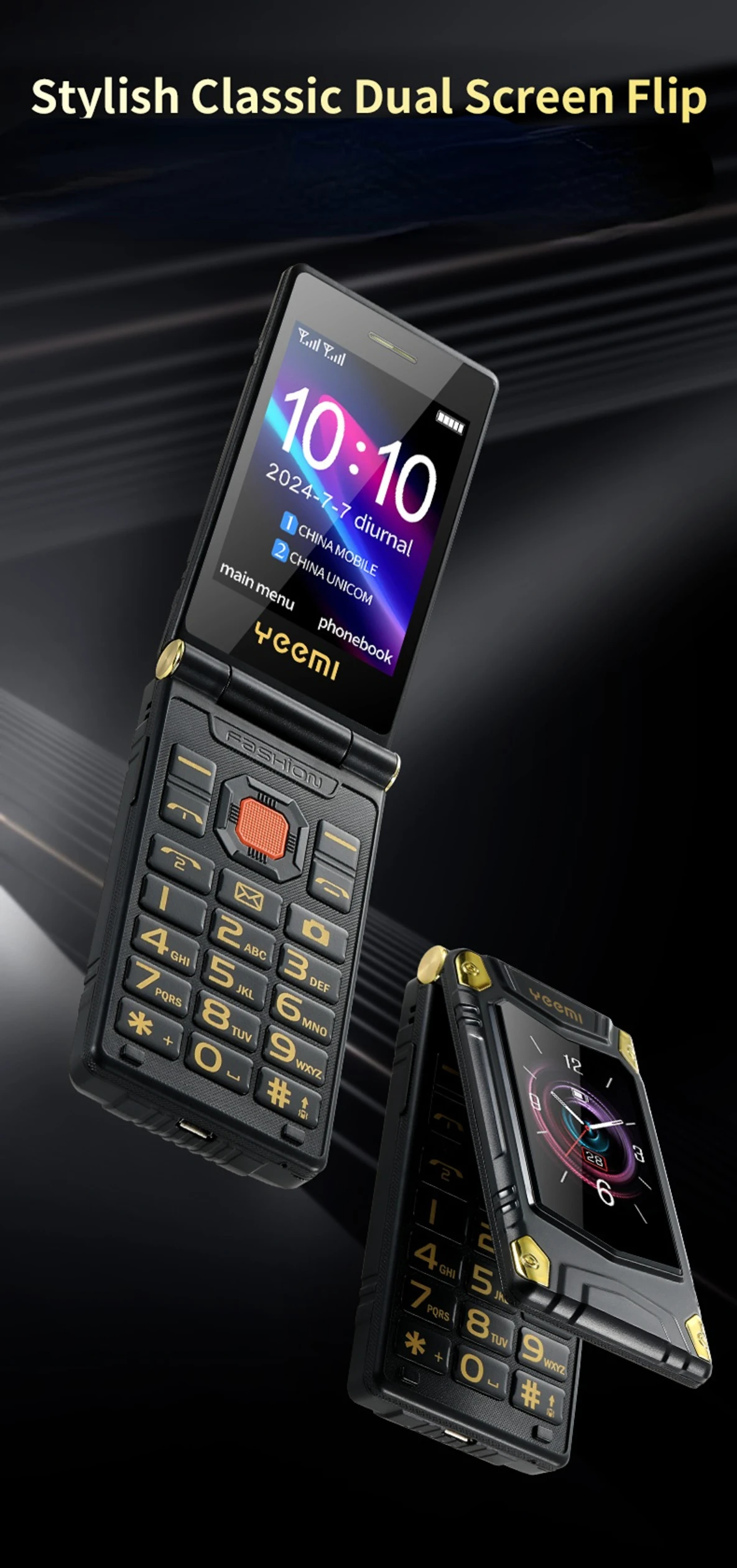 2G Outdoor Folding Senior Phone With Strong Battery Two Big Display Dual Sim Large Button SOS Key Speed Dial Loud Voice Phone