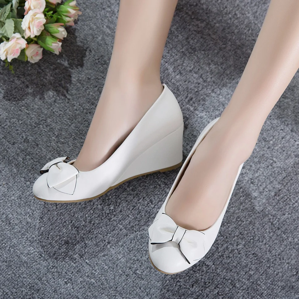 Women Ballet Bow Shoes Beige Women Wedges Pumps For Office Work Boat Shoes Cloth Sweet Loafers Women\'s Pregnant Wedges Shoes