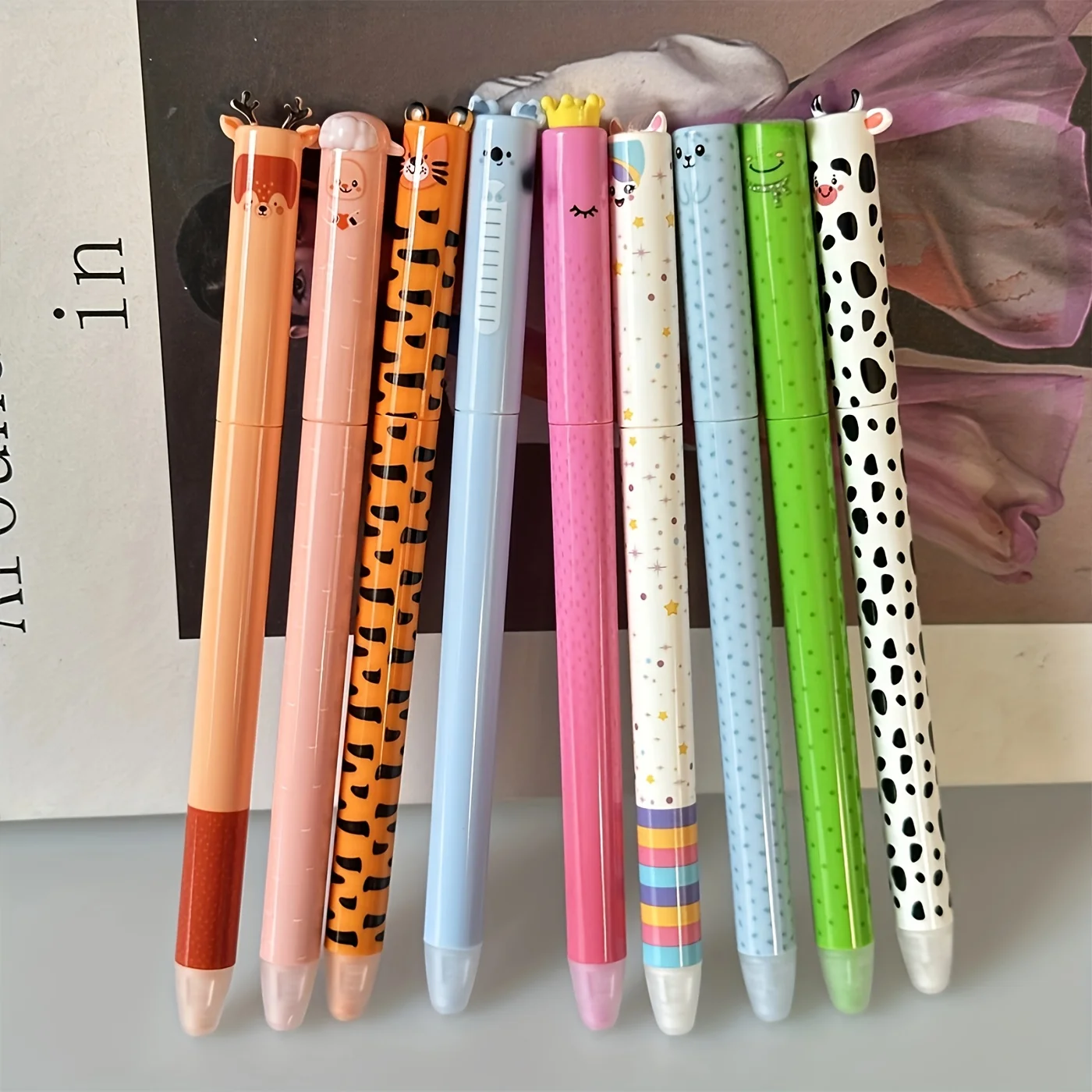 9-Piece Set of Erasable Gel Pens with Random Animal Designs, Perfect for Office and Study Supplies, Birthday Gifts, and Ideal for Note-Taking and Writing