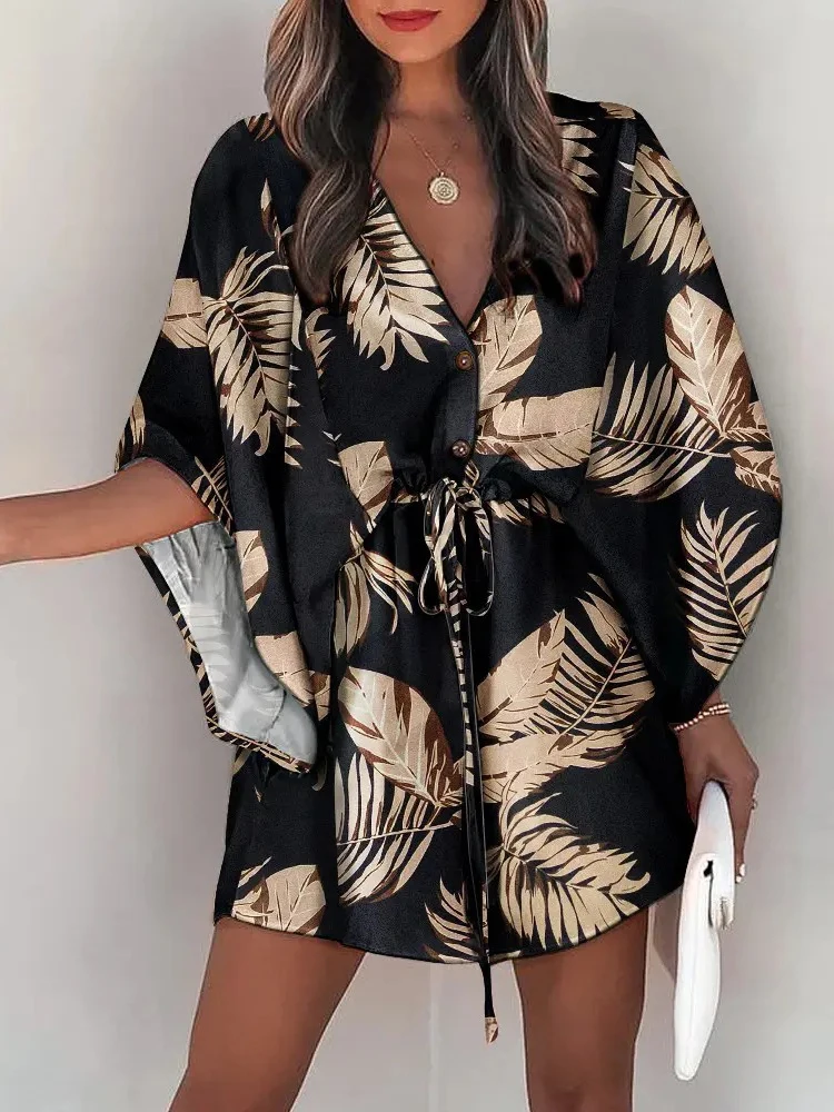 Casual Loose Bohemian Beach Vacation Dress For Summer Fashion V Neck Batwing Sleeve Print Boho Lace Up Waist Mini Dresses Woman