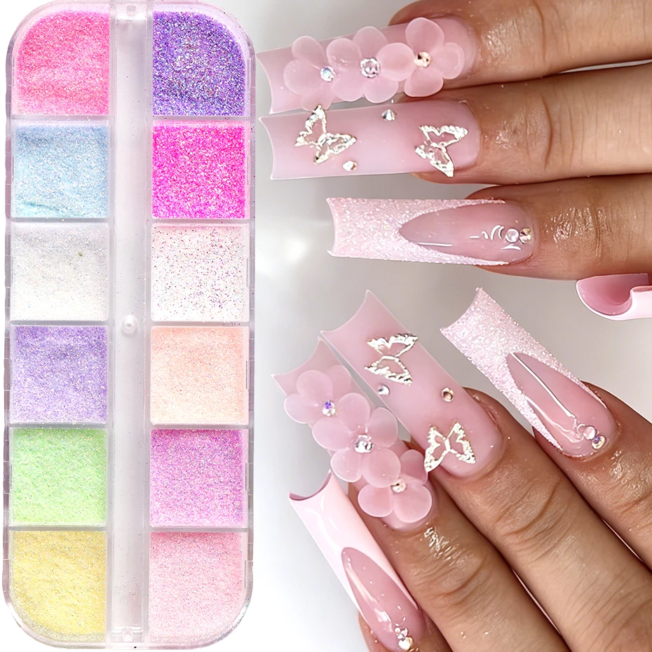 

12 Grids Summer Nail Powder Glitter Sugar Pink/Blue/White/Green Iridescent Sandy Nail Art Powder Pigment Decorations Manicure