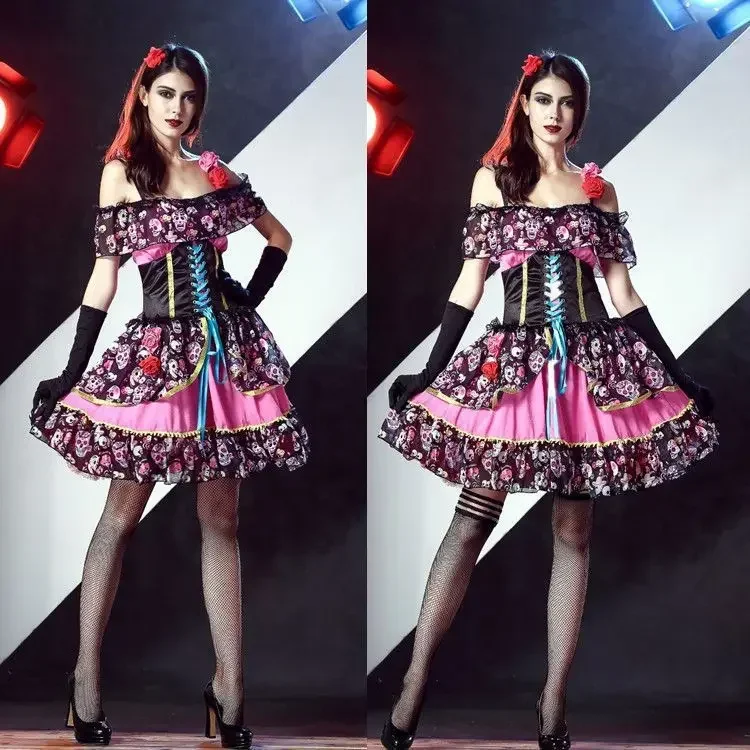 

Women Mexican Day of The Dead Horror Zombie Skull Costume Adult Flower Fairy Ghosts Bride Cosplay Halloween Party Dress Up