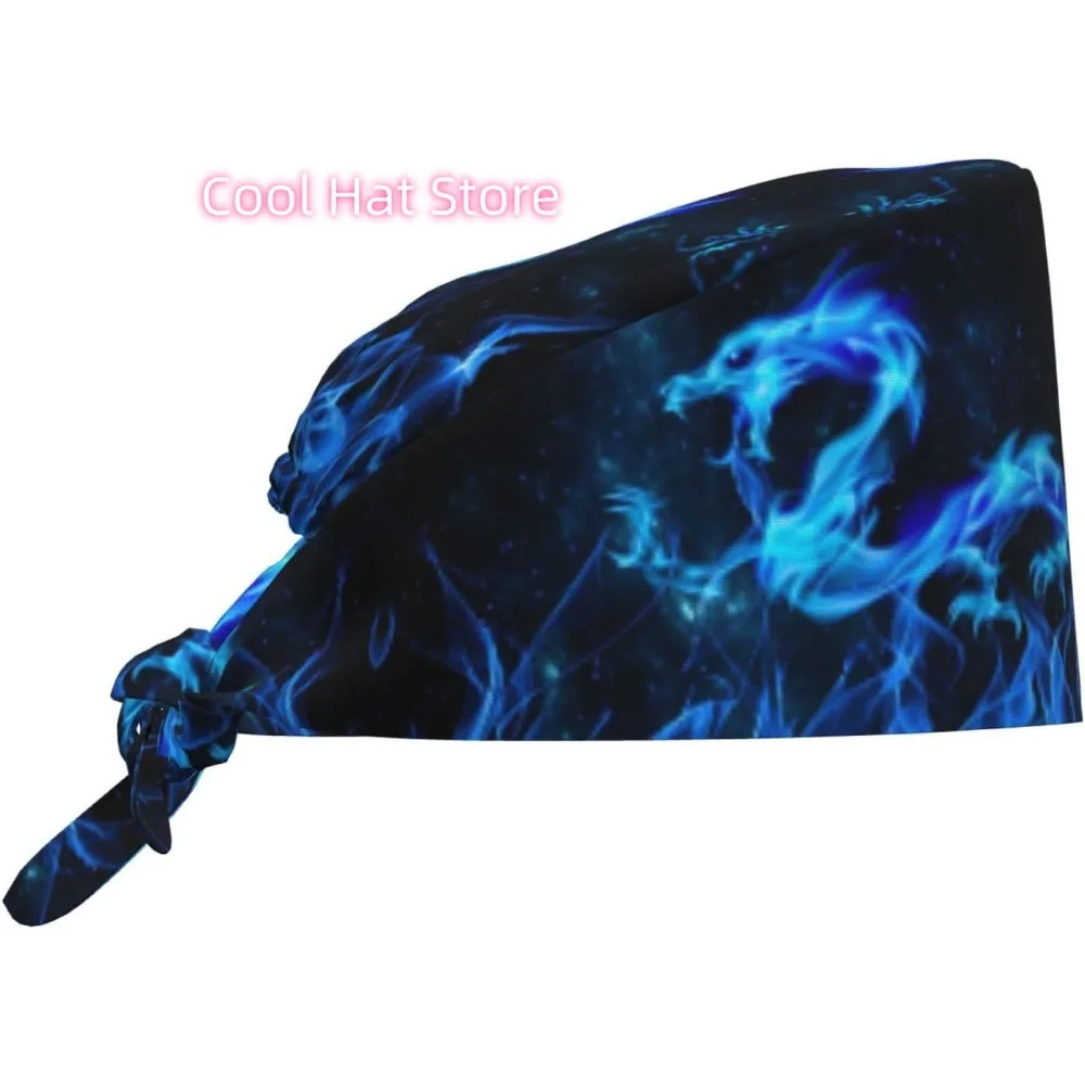 Galaxy Fire Blue Dragon Working Cap for Women, Scrub Cap with Sweatband Adjustable, Unisex Tie Back Hat, Nurse  Caps