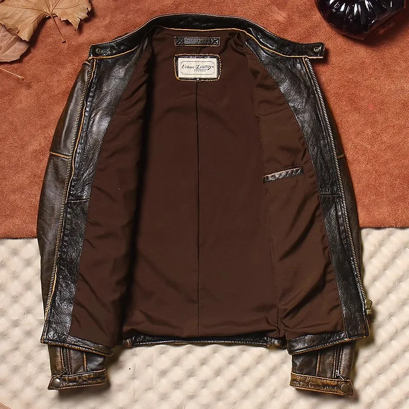 Men\'s leather jacket classic J100 brown and yellow leather retro cowhide motorcycle riding suit short, sportsman, fashion