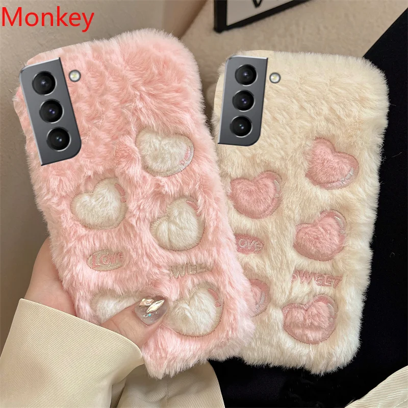 Korean Cute Love Heart Plush Warm Fluffy Phone Case For Samsung Note 20 10 S22 S21 S20 A12 A22 A32 A52S A72 A51 Furry Soft Cover