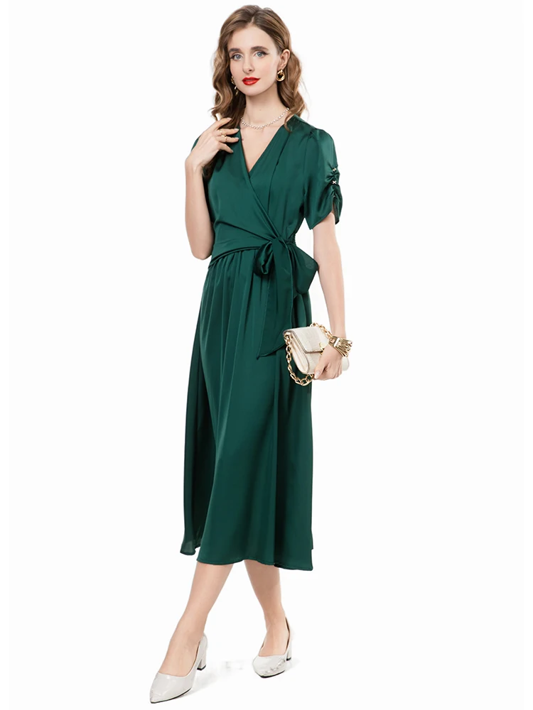 DLDENGHAN Vintage jurk met veters voor dames V-hals met korte mouwen Effen kleur Feestjurken Mode Zomer Dames