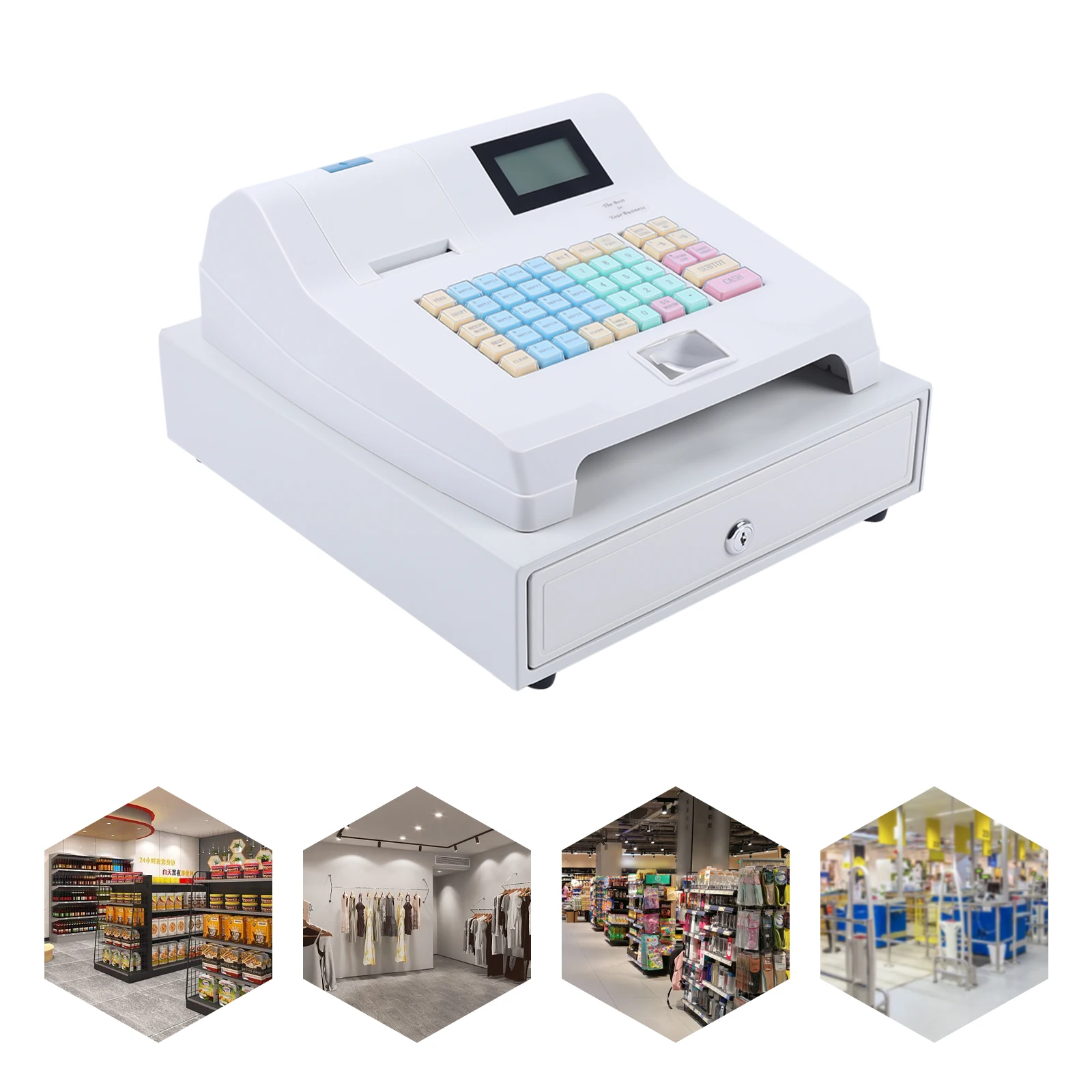 Caixa registradora de supermercado com display LCD, 4 compartimentos para contas, 5 compartimentos para moedas