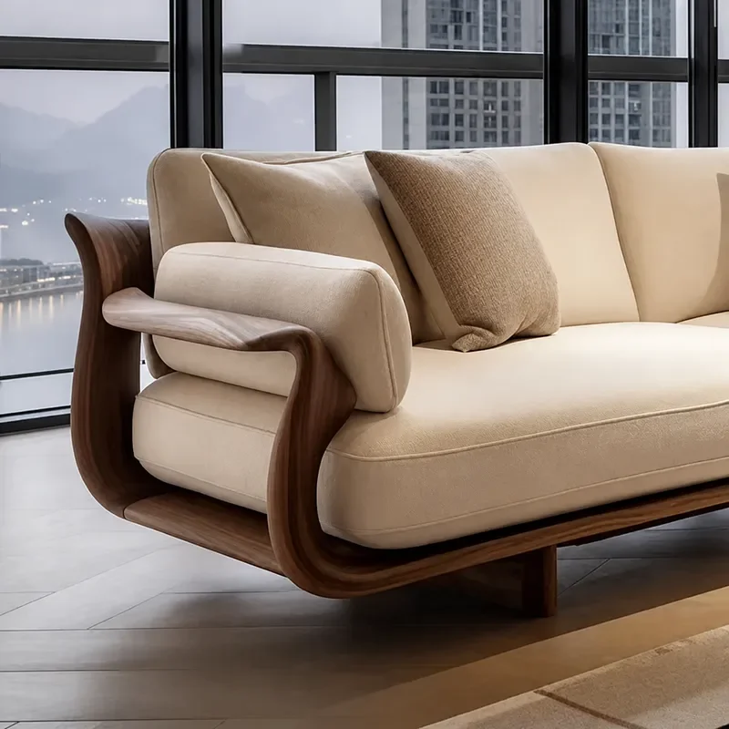 New Chinese Style North American Black Walnut Straight Row Sofa Living Room Modern Light Luxury Cotton Linen Fabric