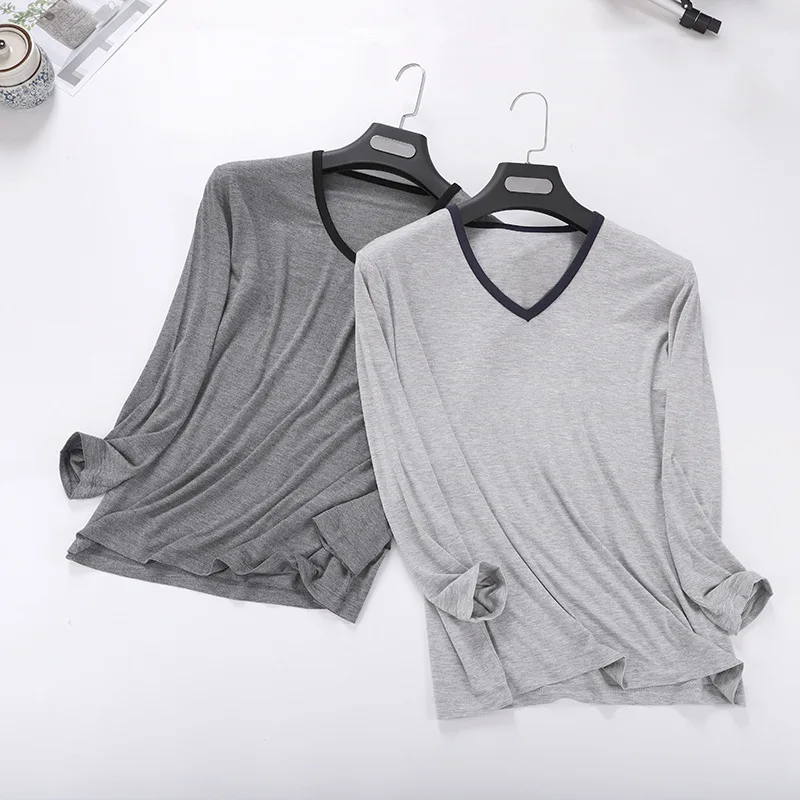 New Upgraded V-Neck Trimmed Men's Long Sleeve T-Shirt Pajamas Sports Casual Homewear Top for Spring and Autumn Gray Sleepwear