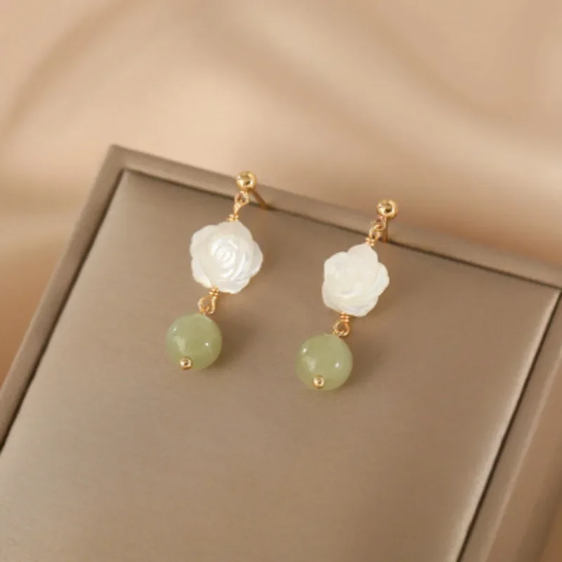 

Minar Vintage White Color Natural Shell Flower Drop Earrings For Women Gold Plated Copper Green Jade Natural Stone Earring